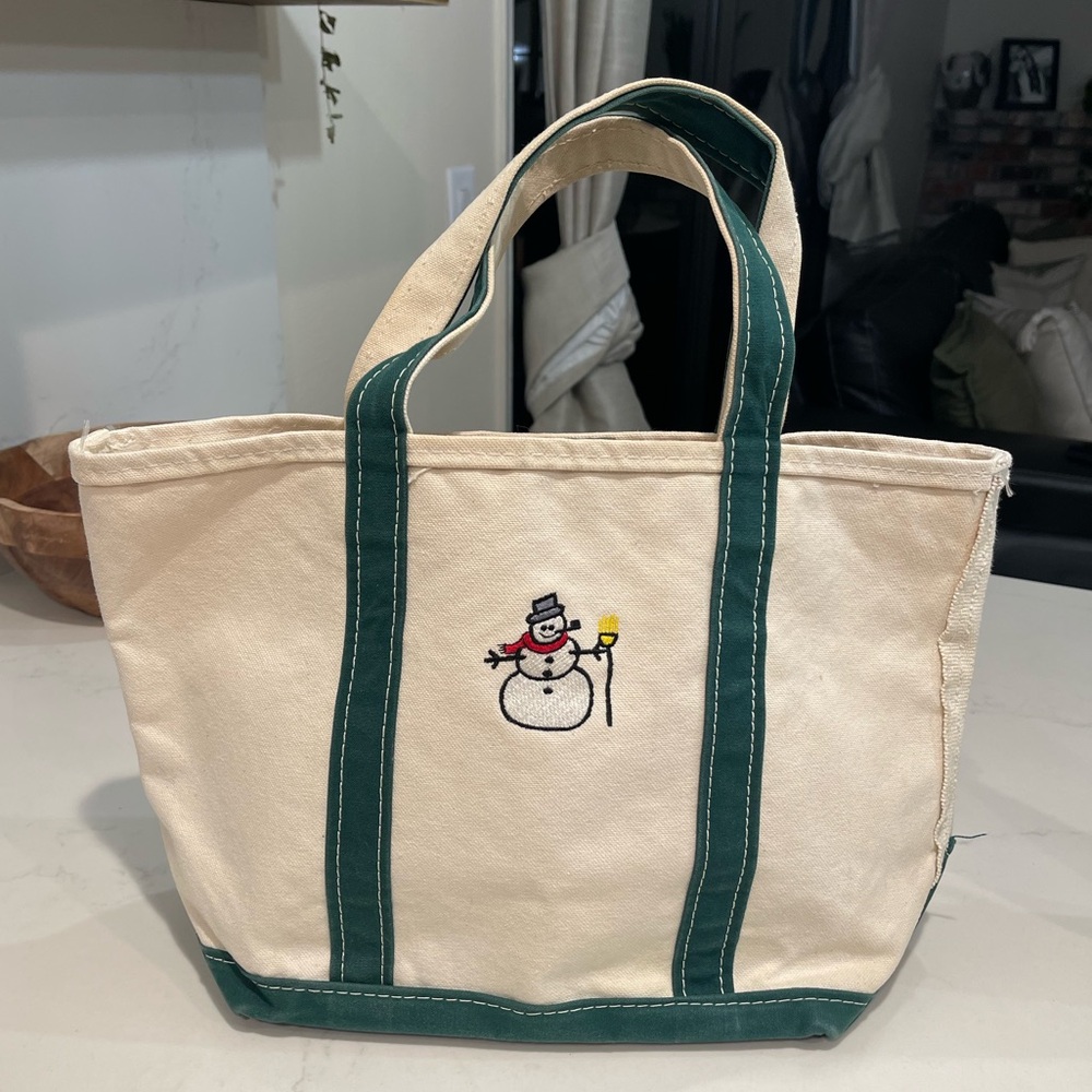 Vintage LL Bean Boat and Tote Shopper Tote Bag in Green and White Canvas Xmas